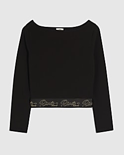 Girls Black Boatneck RI Waistband Top