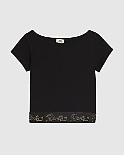 Girls Black Cap Sleeve RI Waistband Top