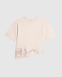 Girls Pink Satin Lace Hem T-Shirt