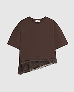 Girls Brown Satin Lace Hem T-Shirt