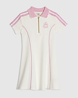 Mini Girls Cream Ribbed Cherry Polo Dress