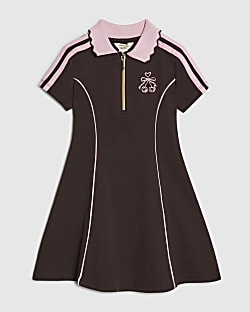 Mini Girls Brown Ribbed Zipped Polo Dress