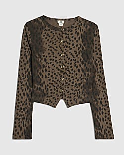 Girls Brown Leopard Print Button Up Top