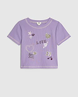 Girls Purple Sequin Embroidered Love T-Shirt