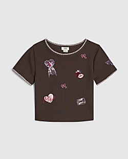 Girls Brown Sequin Embroidered T-Shirt