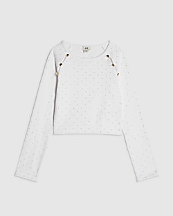 Girls White Embellished Button Ribbed Top