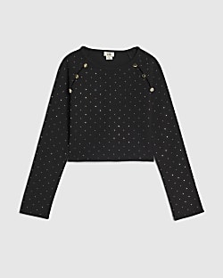Girls Black Embellished Button Ribbed Top