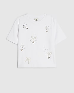 Girls Cream Bow Charm Short Sleeve T-Shirt