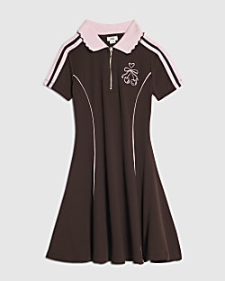 Girls Brown Ribbed Zip Cherry Bow Polo Dress