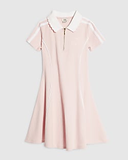 Girls Pink Ribbed Zip Cherry Bow Polo Dress
