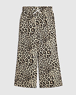 Girls Beige Leopard Print Wide Leg Jeans