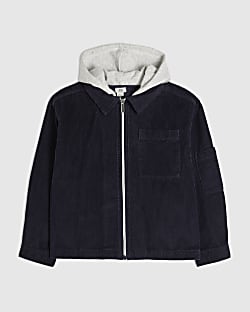 Boys Navy Corduroy Hooded Overshirt