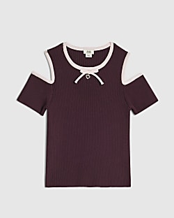 Girls Purple Cut Out Shoulder Bow Top