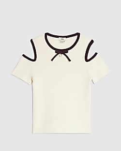 Girls Cream Cut Out Shoulder Bow Top