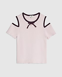 Girls Pink Cut Out Shoulder Bow Top