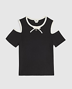 Girls Black Cut Out Shoulder Bow Top