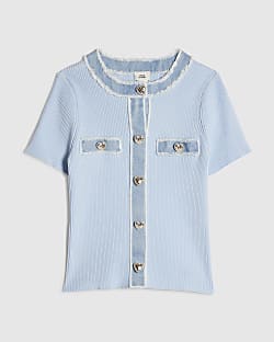 Girls Blue Ribbed Knit Denim Top