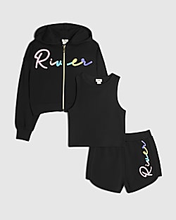 Girls Black Rainbow Script Hoodie Set