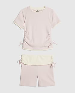 Girls Pink Ruched Ribbed Top And Shorts Set