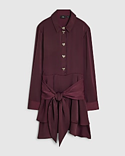Girls Burgundy Tie Scarf Shirt Dress