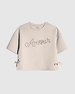 Girls Cream Premium Embellished Amour T-Shirt