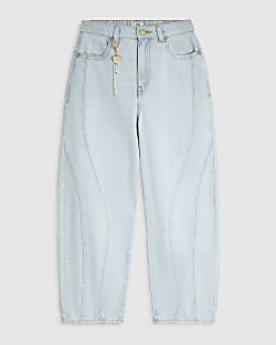 Girls Blue Light Wash Barrel Jeans