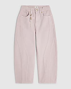 Girls Pink Light Wash Barrel Jeans