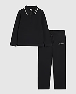 Boys Black Textured Polo Shirt Set