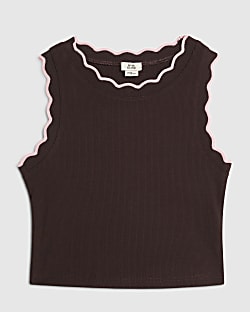 Girls Brown Scallop Pink Trim Tank Top