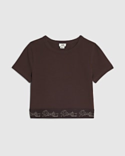 Girls Brown Cut Out RI Scripty Waistband Top