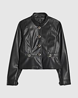 Girls Black Faux Leather Buttoned Jacket