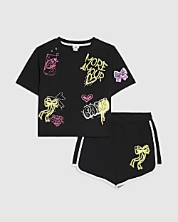 Girls Black Neon Graffiti T-Shirt & Short Set