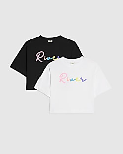 Girls Black Scripty River Pack Of 2 Crop Tops
