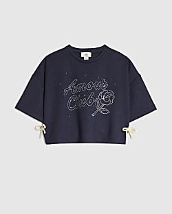 Girls Navy Embellished Amour Club T-Shirt