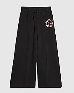 Girls Black Sun Face Wide Leg Joggers