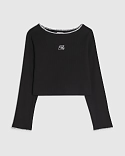 Girls Black Whipstitch Long Sleeve Top