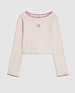 Girls Pink Whipstitch Long Sleeve Top