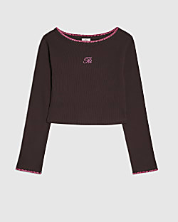 Girls Brown Whipstitch Long Sleeve Top