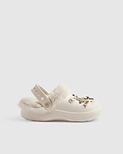 Girls Cream RI Heart Gem Fluffy Lined Clogs