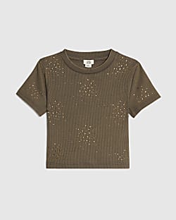 Girls Khaki Scattered Embellished T-Shirt