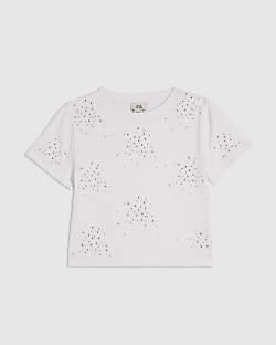 Girls White Scattered Embellished T-Shirt