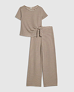 Girls Brown Stripe Textured Wrap T-shirt Set