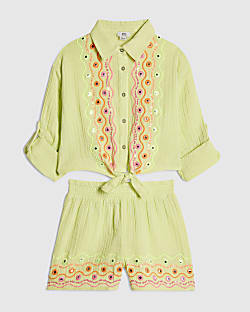 Girls Green Embroidered Shirt & Short Set