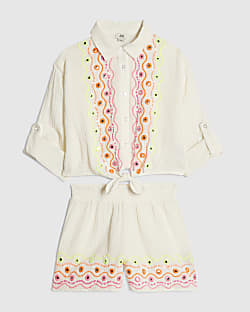 Girls Cream Mirror Embroidered Shirt Set