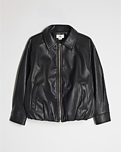 Girls Black Faux Leather Bubble Bomber Jacket