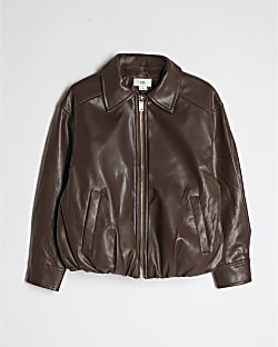 Girls Brown Faux Leather Bubble Bomber Jacket