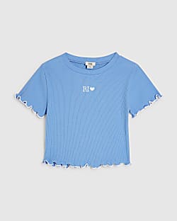Girls Blue Lettuce Hem Crop T-Shirt