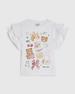 Mini Girls White Bear Graphic Frill Top