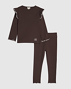 Mini Girls Brown Frilled Ribbed Top Set