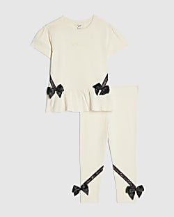 Mini Girls Cream Satin Bow T-Shirt Set